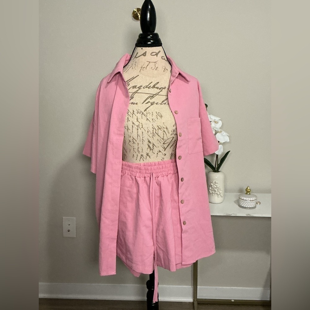 DO NOT BUY. “SOLD” 
Pink Button-Up Shirt and Shorts Set